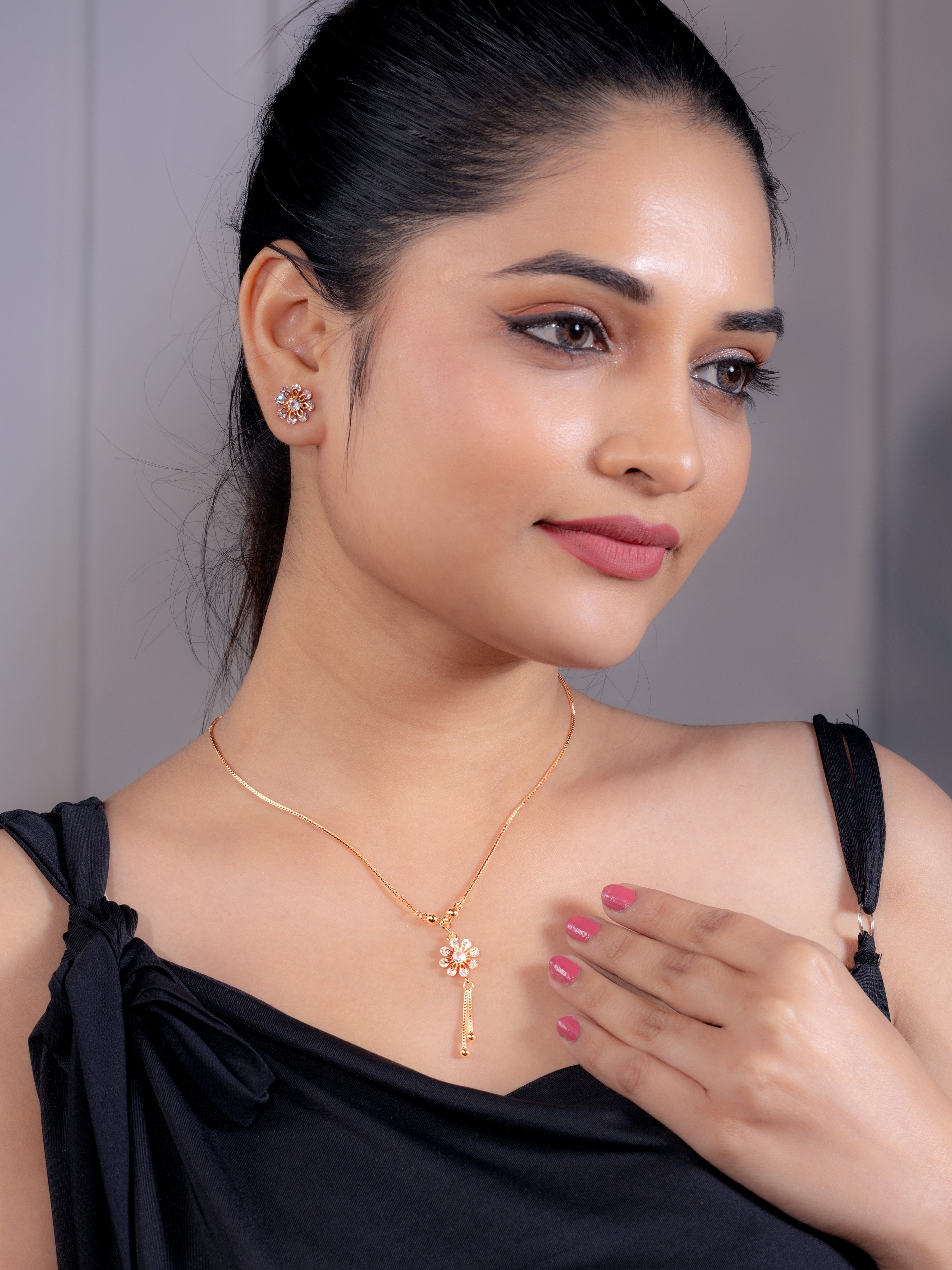 Daisy Bloom Rose Gold Drop Necklace With Earrings