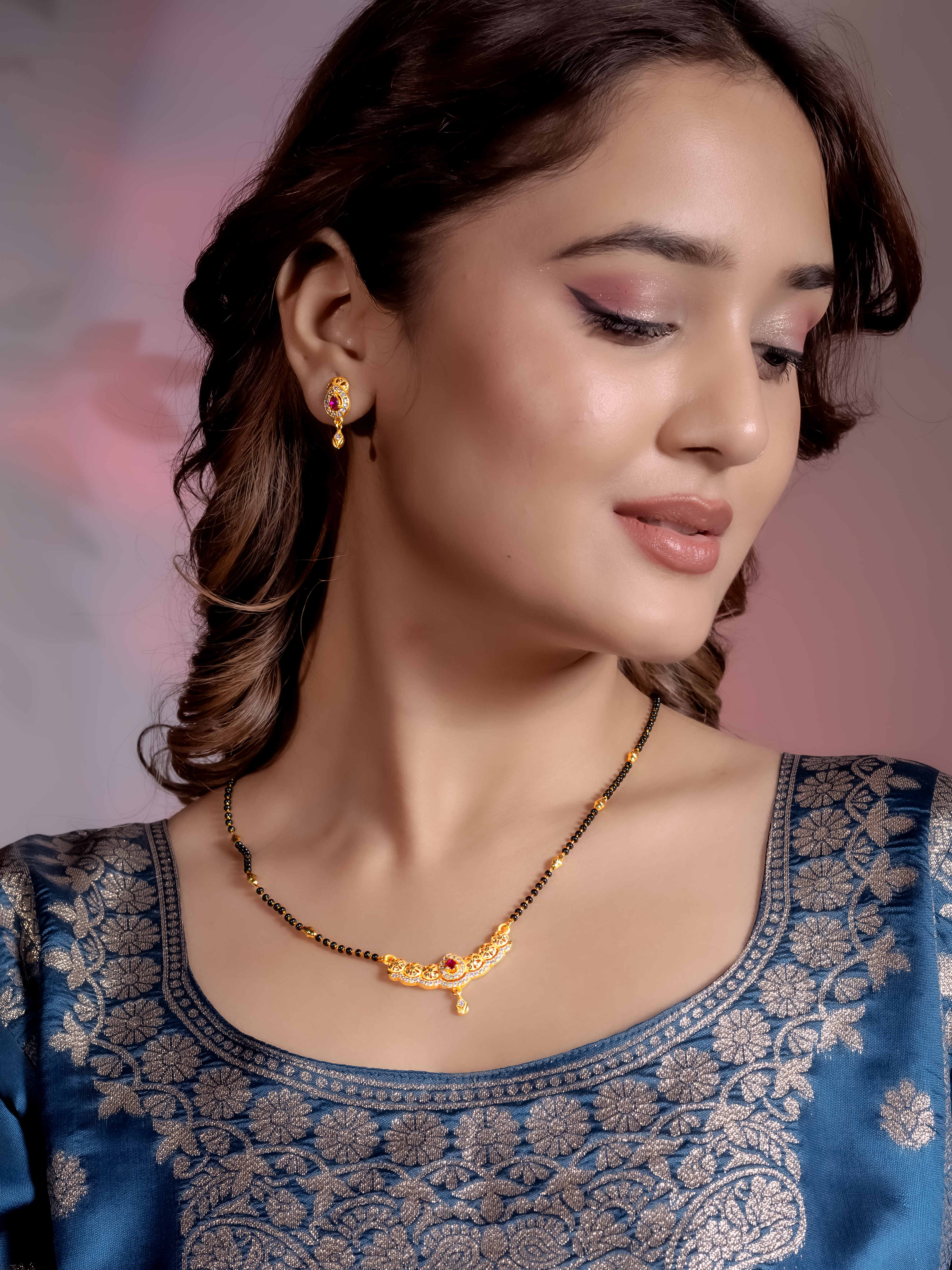 Traditional Gold Mangalsutra with Stone Pendant With Earrings