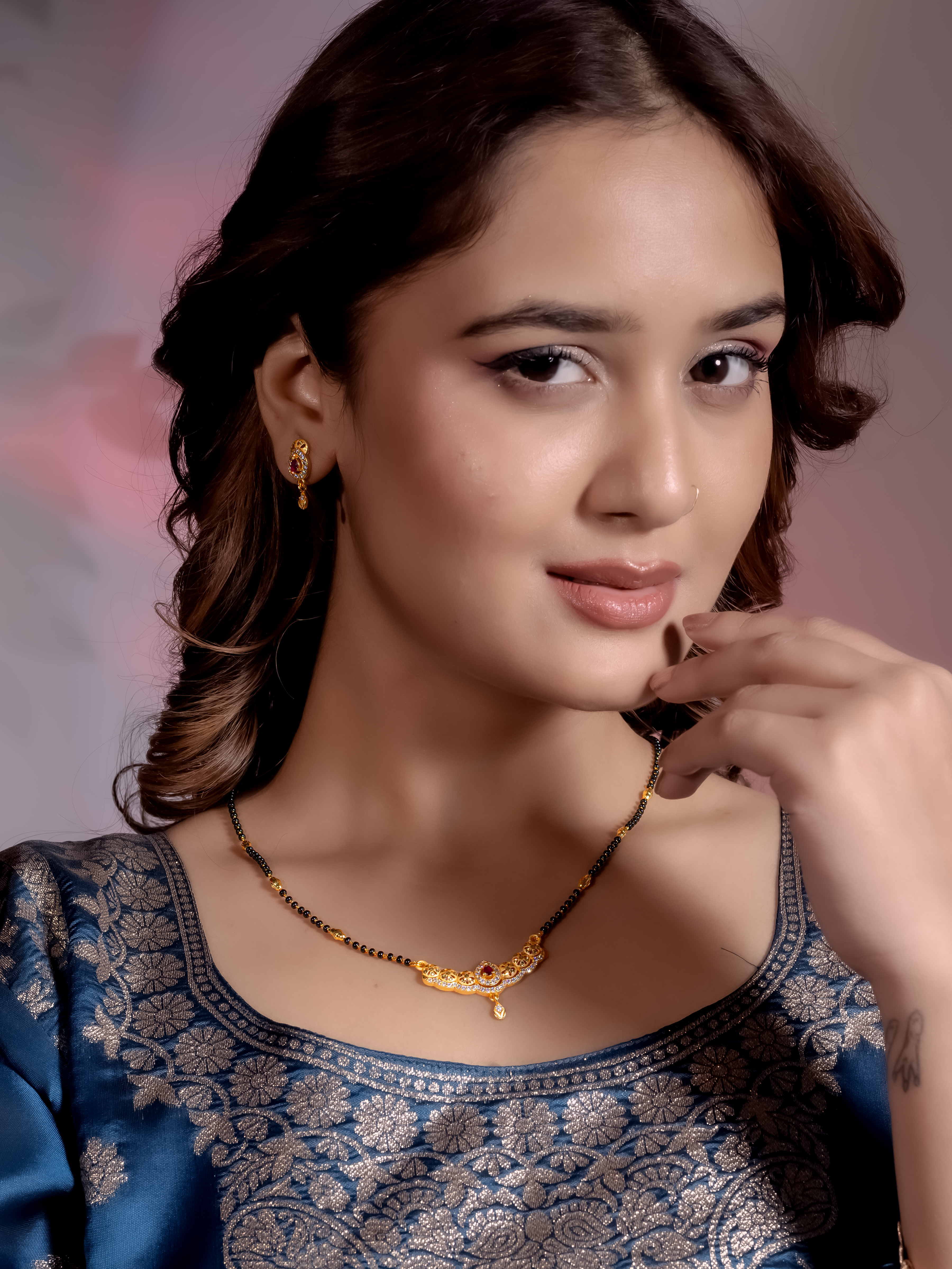 Traditional Gold Mangalsutra with Stone Pendant With Earrings