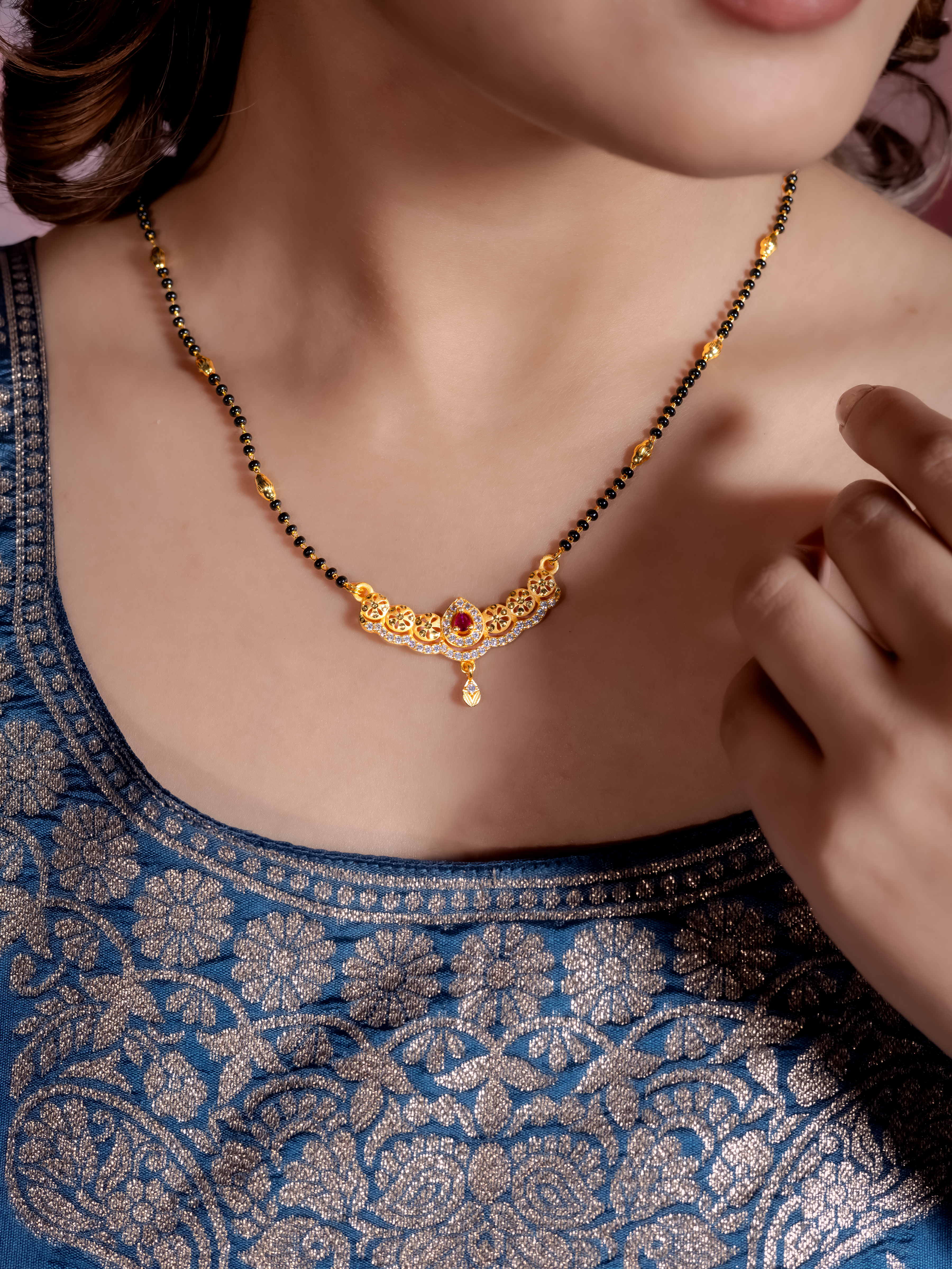 Traditional Gold Mangalsutra with Stone Pendant With Earrings