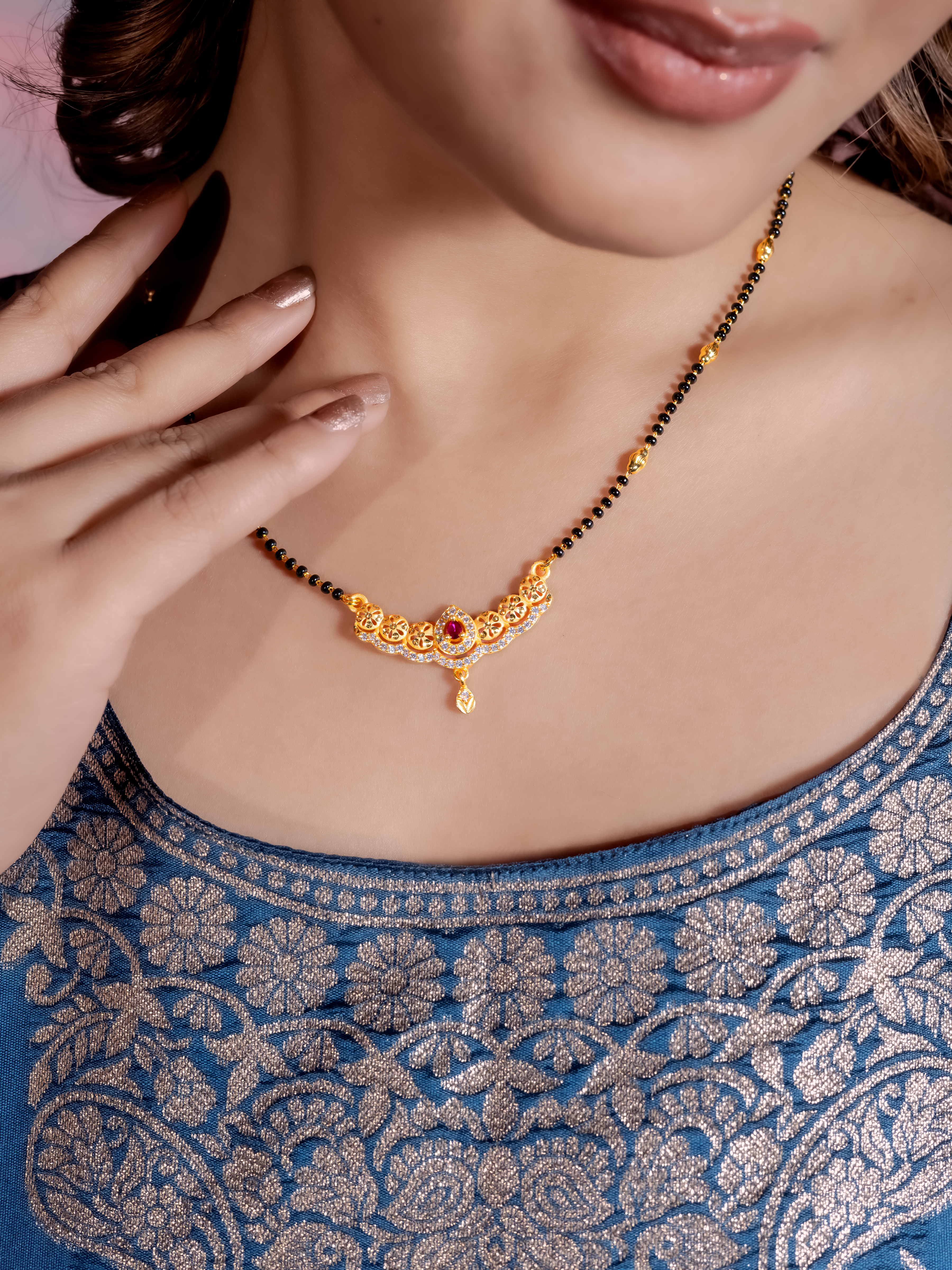Traditional Gold Mangalsutra with Stone Pendant With Earrings