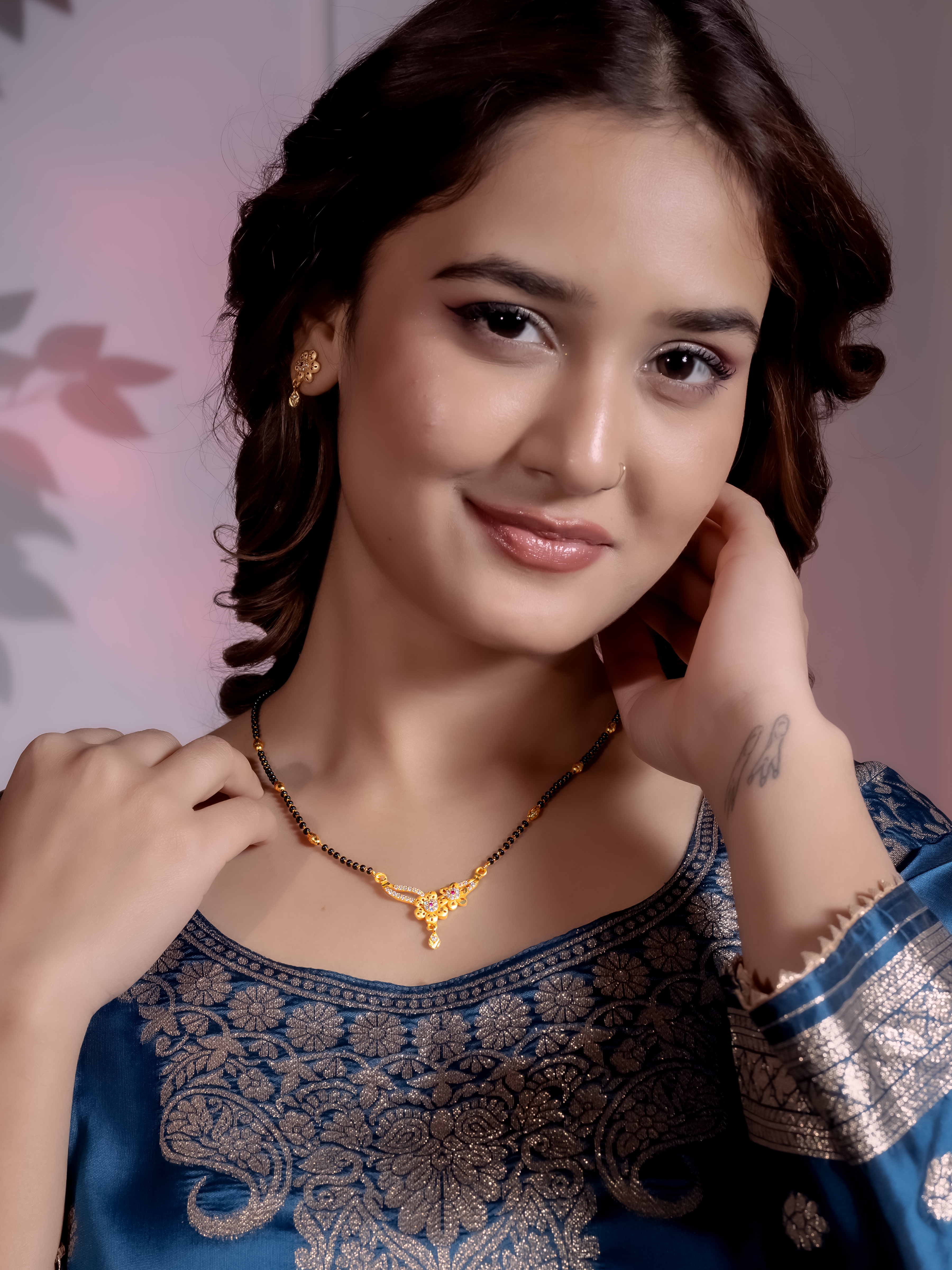 Elegant Black Bead Mangalsutra With Earrings