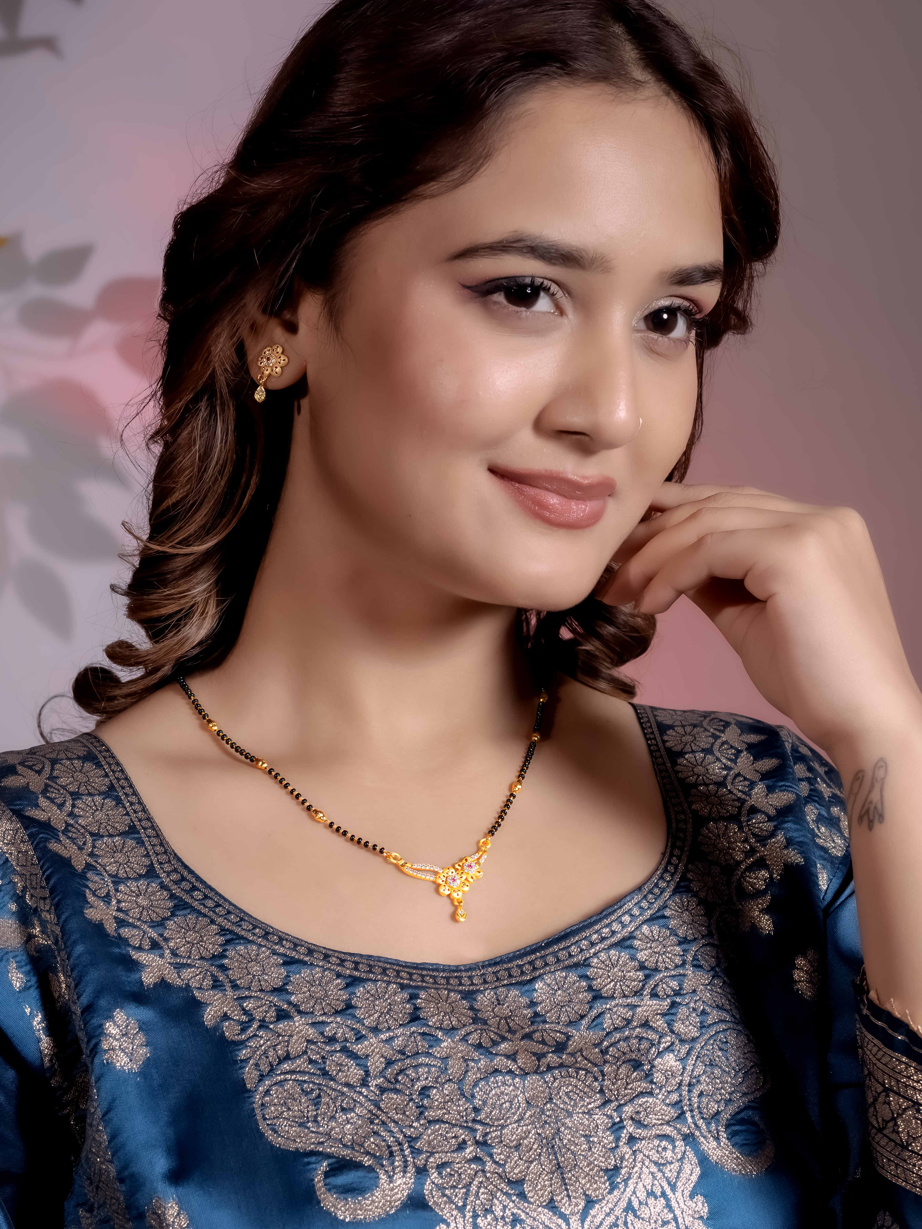 Elegant Black Bead Mangalsutra With Earrings